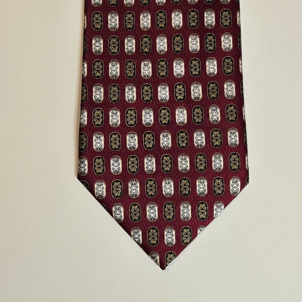 Umberto Bossi Roma Milano Silk Tie Burgundy Red Geometric Medallion 59" Handmade